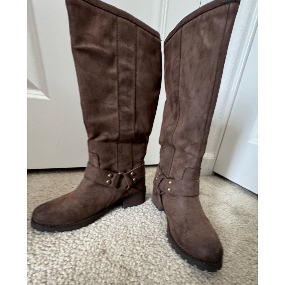 Report Tessah Brown Distressed Leather Knee High Boots Women 7.5 Lug Sole - Picture 3 of 10